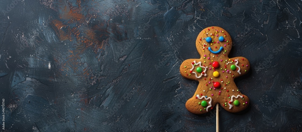 Aufkleber Gingerbread man Christmas cookie on a stick with colorful frosting against a dark background Top down view with a blank space for an image. Creative banner. Copyspace image