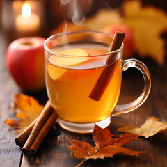 A glass of cinnamon apple cider served in a cozy autumn setting, with fall leaves and apples as decorations,  concept of seasonal drinks, autumn and cold time and traditional cousine
