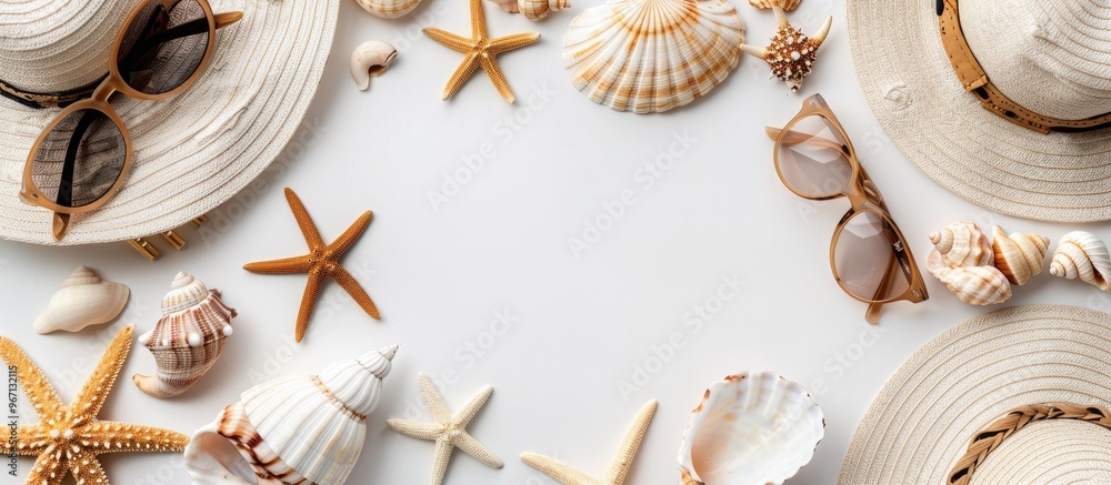 Poster flat lay top view of summer beach dress accessories such as shells starfish sunglasses and straw hat