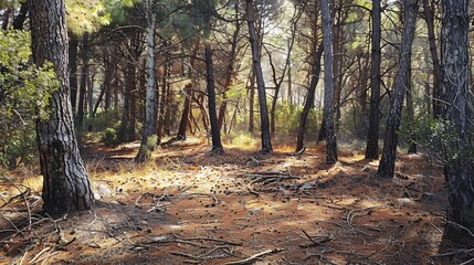 Fototapeta premium 3. An undisturbed, bare forest ground with a mixture of dirt, pine needles, and twigs, framed by towering trees and dappled sunlight filtering through the branches