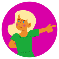 brightly colored drawing, a little girl with her golden hair and emerald dress points to the horizon with sparkling eyes. vector illustration.