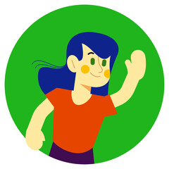 a cheerful girl with flowing blue hair and a bright orange shirt wave enthusiastically to her friends. vector illustration.