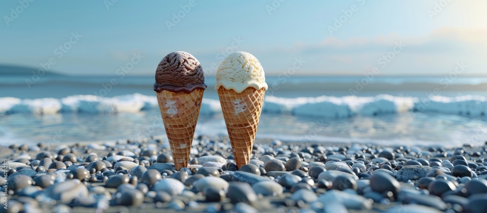 Poster a vanilla and a chocolate ice cream cone are displayed on a pebble beach with a blue sea in the back