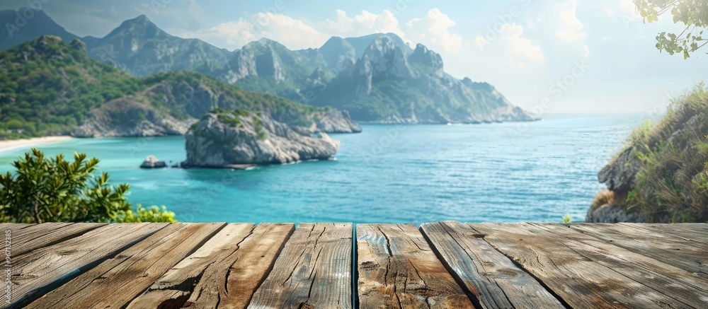 Leinwandbilder Sea view on an island with a charming wooden log serving as a table background featuring ample copy space for an image