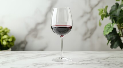 A beautifully crafted wine glass filled with rich red wine sits elegantly on marble surface, surrounded by greenery, creating serene and inviting atmosphere. 