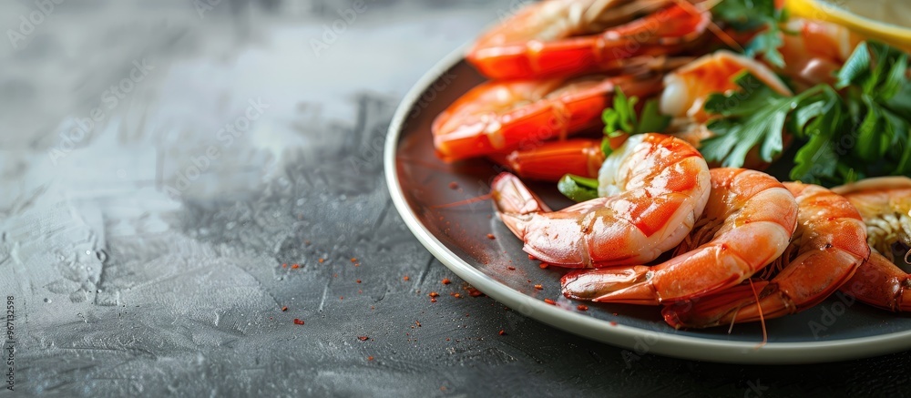 Aufkleber shrimp and vegetables on a plate in a restaurant setting with copy space image