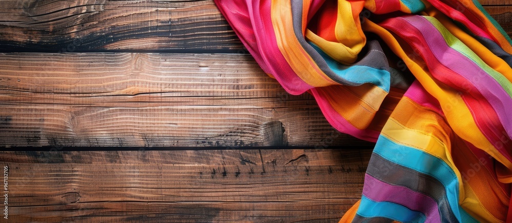 Aufkleber colorful tablecloth on a wooden surface with fabric and wood textures creates a vibrant background a