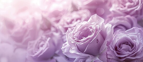 Blurred lilac monotone backdrop featuring a close up of delicate roses in dusty purple ideal as a copy space image for various purposes