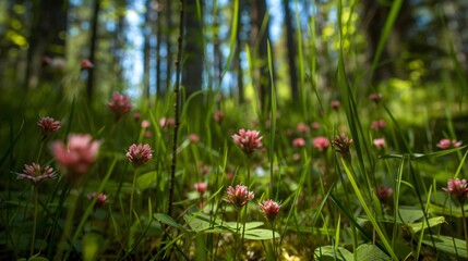 Obraz premium 9. An intimate, low angle perspective of a forest meadow, showcasing delicate flowers and tall blades of grass against the backdrop of a dense forest canopy