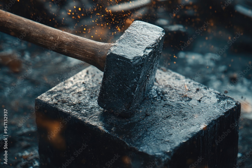 Sticker A Blacksmith's Hammer Striking an Anvil