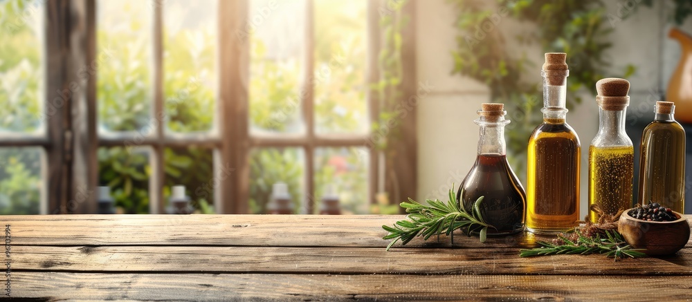 Poster wooden table displaying balsamic vinegar bottle oil and various products with space for text near th