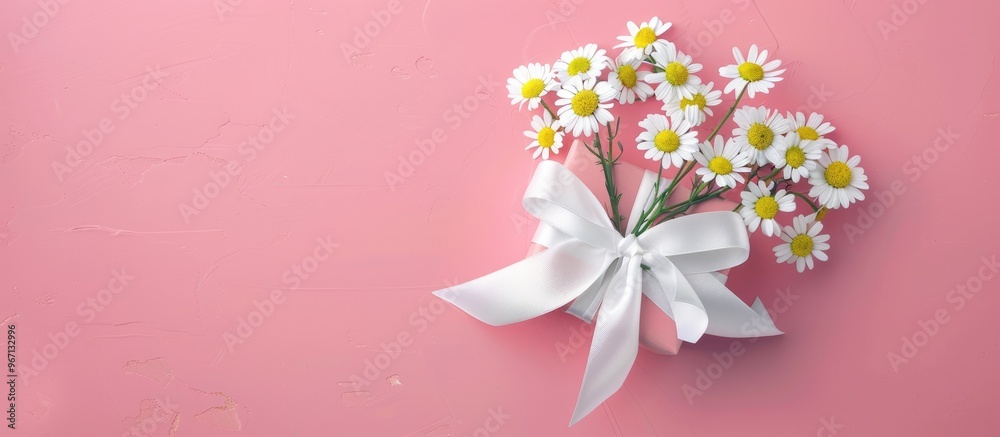 Aufkleber top view of a gift box with a white ribbon adorned with chamomile flowers against a pink pastel back