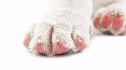 14. A close-up view of a white puppy's front leg with pink claws, isolated against a pristine white background, emphasizing the details of the paw for dog foot and nail health concept