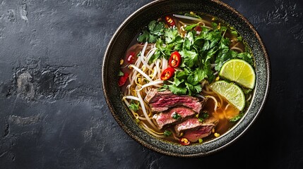 A vibrant bowl of Vietnamese pho with fresh herbs, lime wedges, and beef slices served in a traditional bowl.