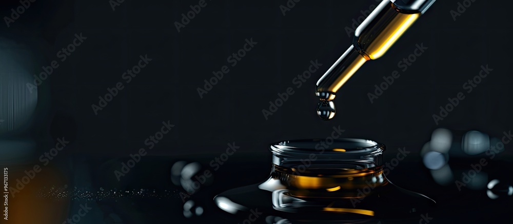 Poster Close up view of a pipette dripping tincture onto a black surface with a spacious area for adding text within the image. Creative banner. Copyspace image