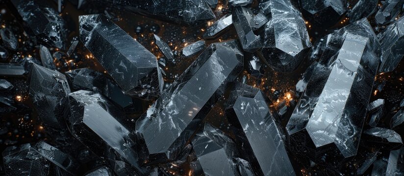 Copy space image of black tourmaline crystals gems in a natural mineral setting showcasing the textures of precious and semiprecious stones on a seamless shiny surface