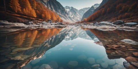 A river flowing upside down in a surreal landscape with floating mountains.