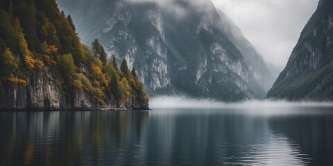 A panoramic perspective of a misty fjord with steep cliffs and calm waters.