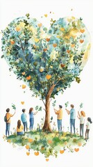 Planting tree in heart shaped garden symbolizes love and community. This vibrant illustration captures joy and unity of people nurturing nature together. 