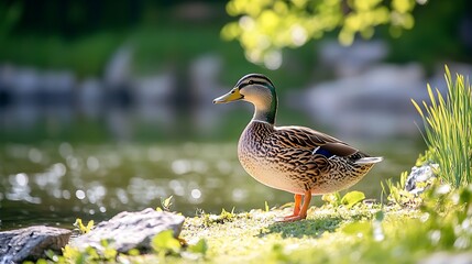 Fototapeta premium Duck on a Peaceful River with Golden Sunlight