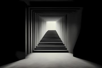 A striking linear black-and-white tunnel with recurring arches, leading towards a bright, white light at the end, creating a sense of journey and enlightenment.