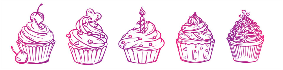 cupcake doodle sticker painted with a bright colored line. children's sticker for the design of postcards, T-shirts, notebooks, paintings, wallpapers, cafe design, menu, invitation, banner, restaurant