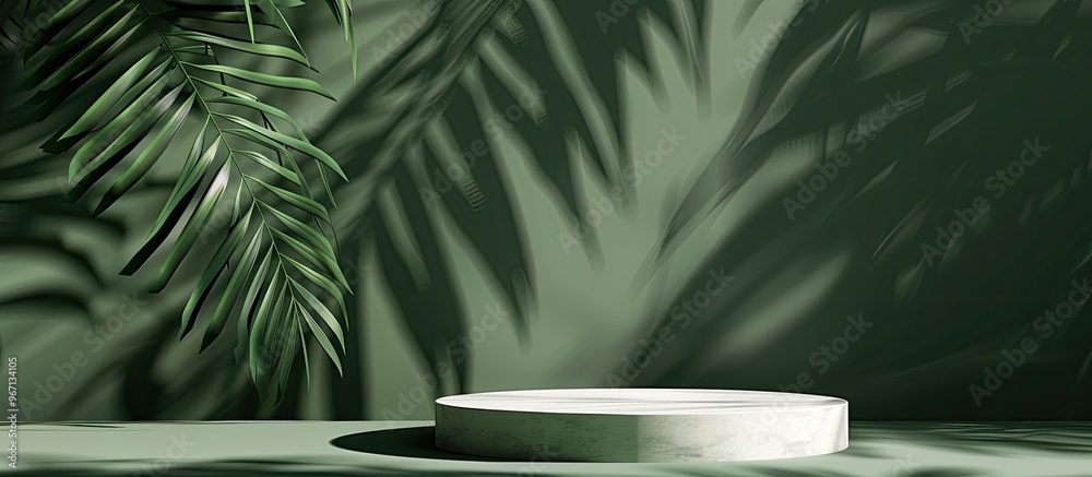 Leinwandbilder Geometric green backdrop with palm leaf shadows showcasing a white round podium for product presentation with copy space image