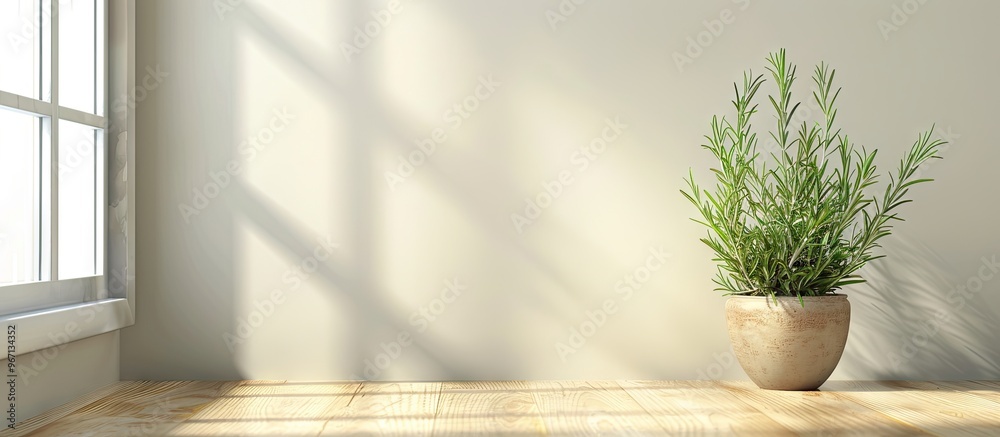 Poster a fragrant rosemary plant in a pot by a window with copy space image