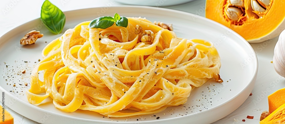 Poster a plate with pumpkin alfredo fettuccine pasta sits on a white background alongside slices of raw but