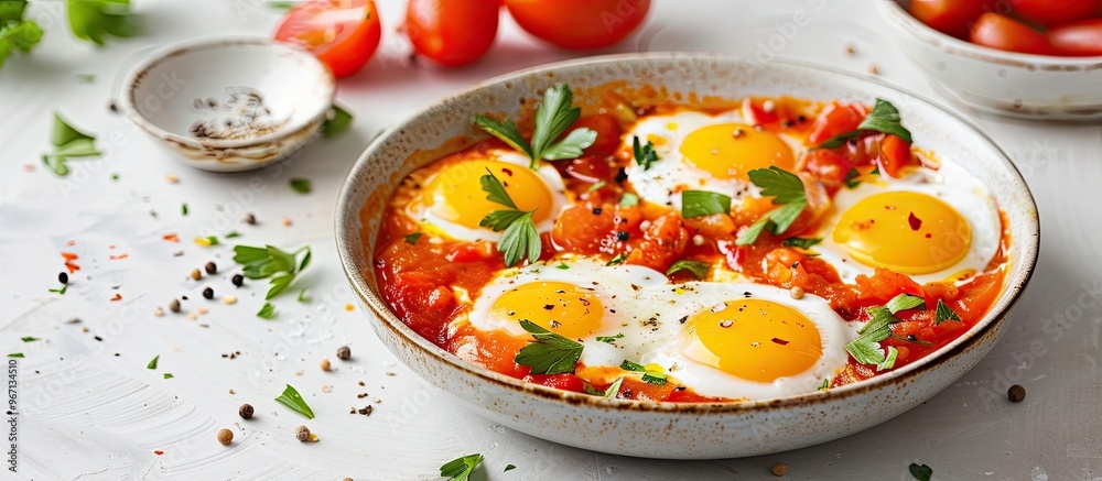 Poster shakshuka dish with tomatoes and eggs served in a bowl on a bright background ideal for a copy space