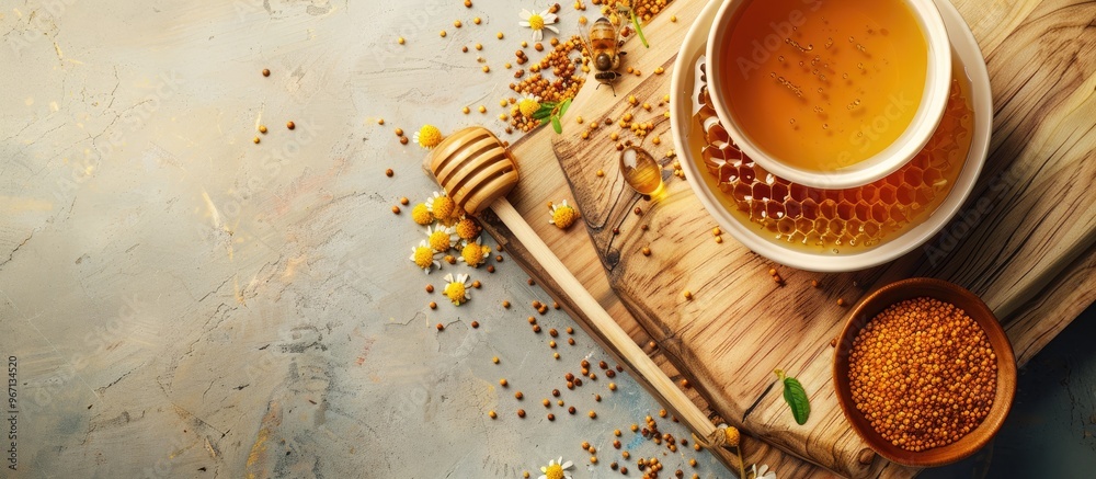 Poster light background with a wooden board featuring a bowl of honey combs and bee pollen perfect for copy