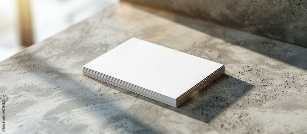 Poster Close up of blank business cards on a textured light grey table perfect for design mockup with copy space image