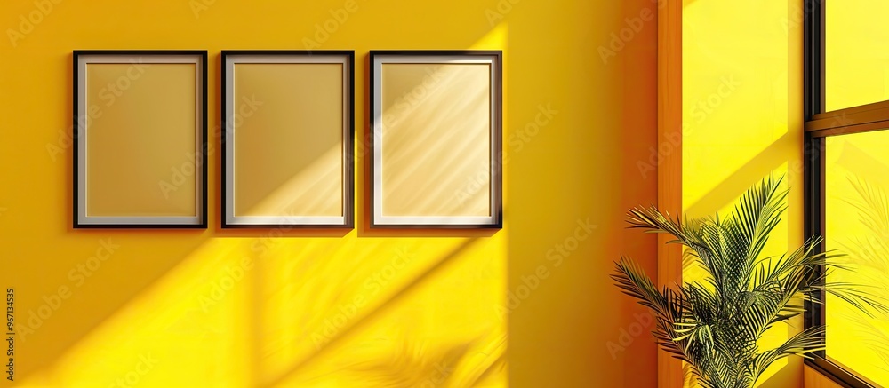 Poster artistic frames hang against a vibrant yellow wall ready for use as a copy space image