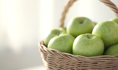 Fresh green apples inside a rattan basket