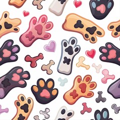 Fototapeta premium 43. Concept: Dog seamless pattern with paws, bones, hearts. Puppy paws. Poster, print, post card, table cloth, cloth, shirt, curtain, flannel, foot towel. Vector illustration cartoon kawaii cute style