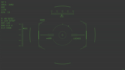 War drone camera viewfinder overlay. Template for military drone cam rec. Camera frame vector template. Green lines Ui on black background. Fantasy combat drone UI frame for games and video, photo.