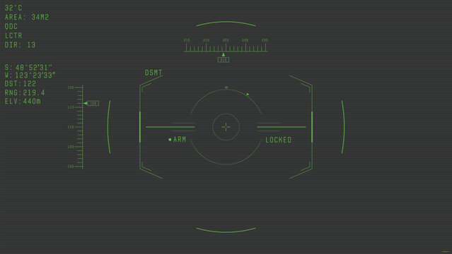 War drone camera viewfinder overlay. Template for military drone cam rec. Camera frame vector template. Green lines Ui on black background. Fantasy combat drone UI frame for games and video, photo.