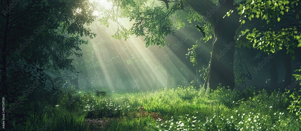 Aufkleber tranquil woodland scene with sunlight filtering through dense green forest creates a peaceful ambian