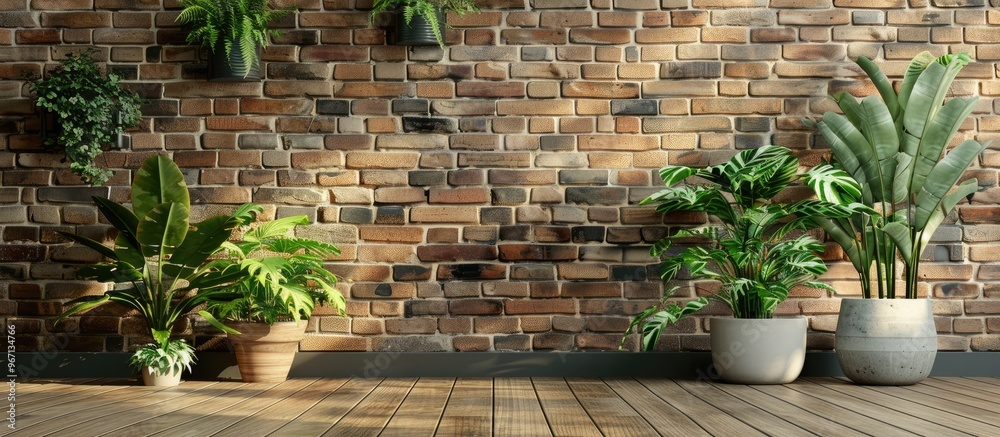Poster houseplants arranged on the floor against a brown brick wall creating a composition with copy space 
