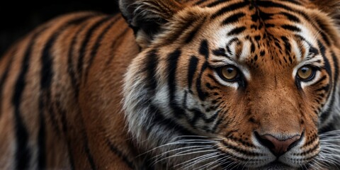 Obraz premium An close up of a tiger's face on a black background.