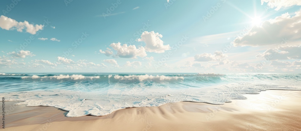 Poster A serene scene with beige sand and a tranquil blue sea under the sunny sky ideal for adding a copy space image