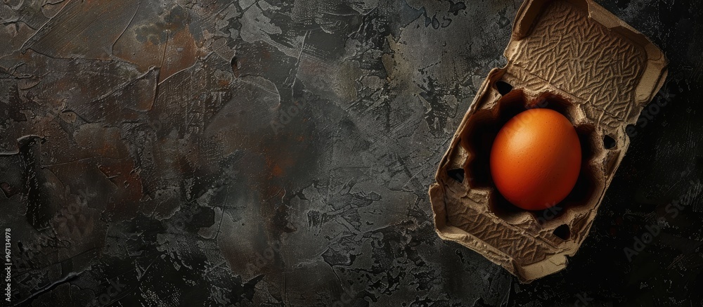 Aufkleber egg in carton box on a dark textured background with space for copy image