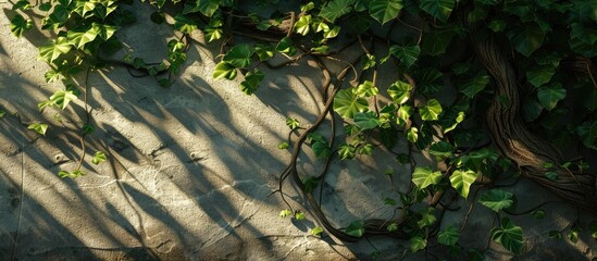 Cissus nodosa Blume tree roots with lush green leaves creep along house walls casting aesthetic shadows in the morning sunlight creating a visually pleasing copy space image