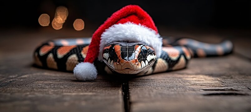 Close-up of a colorful cornsnake or red rat snake wearing a santa hat for Christmas holiday.