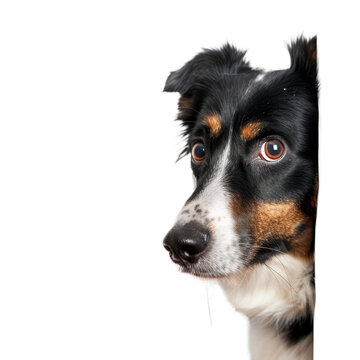 A curious dog peering around a corner with bright, expressive eyes in a cozy indoor setting during daylight hours