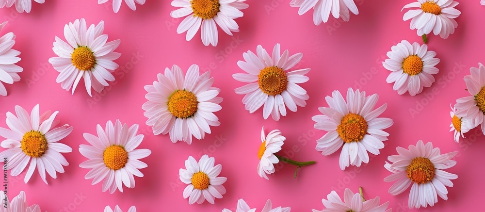 Fototapete chamomile flowers displayed on a vibrant backdrop in a flat lay style ideal for a template or mockup