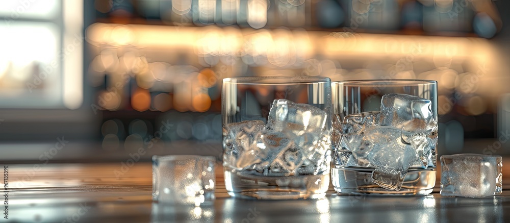 Aufkleber A bar setting showing two glasses with ice cubes ready for a refreshing beverage with copy space image