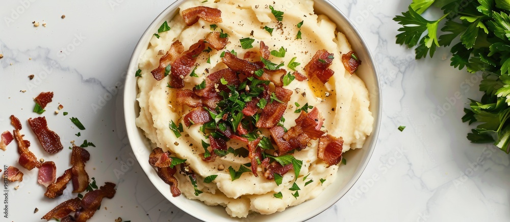 Aufkleber top down view of crispy bacon creamy mashed potatoes and fresh parsley on a white marble surface lea