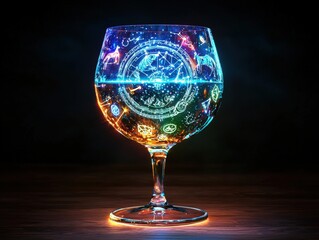 A stunning crystal wine glass features intricate zodiac symbols encircling bowl, illuminated by vibrant colors reflecting in water. This artistic piece combines elegance and mystique. 