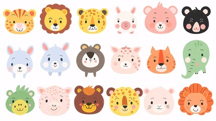 57. A diverse set of cute animal faces, featuring zoo, wild, farm, pet, rodent, and reptile characters, all illustrated in a kawaii cartoon style on a white background, perfect for baby graphic design